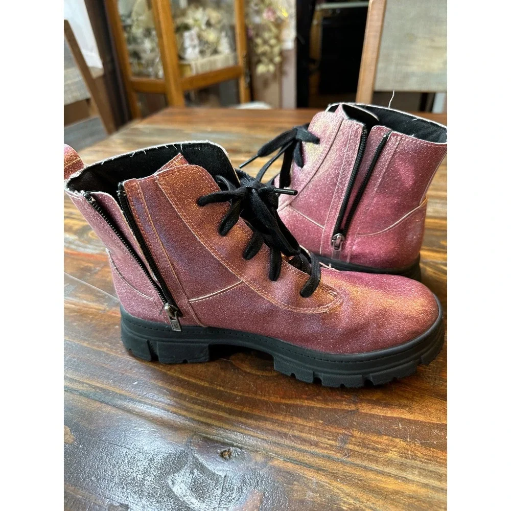 UGG Ashton Glitter Rose Pink Ankle‎ Boots Lace Up Zip Lug Sole 1151571K Kids 6